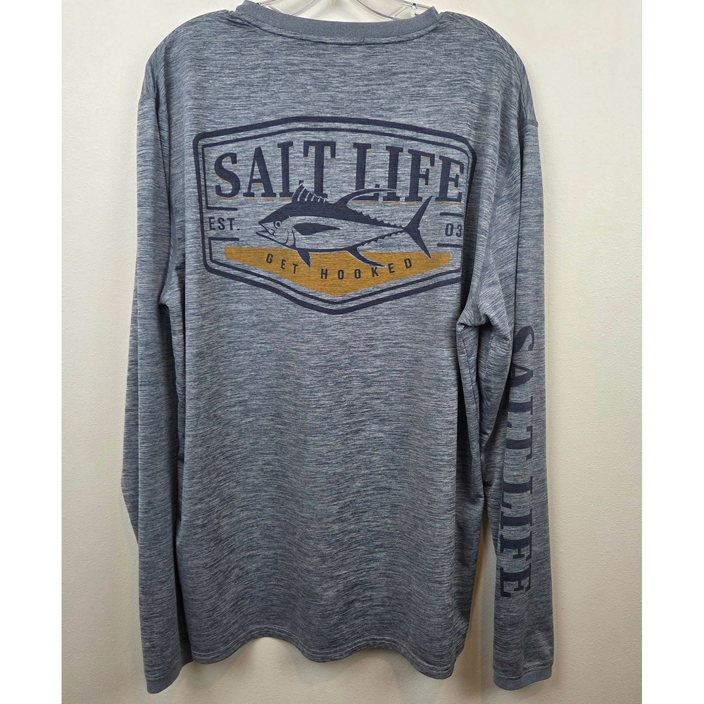 Salt Life SLX Mens Blue Gray Heathered Long Sleeve Fishing Pocket Tee Large